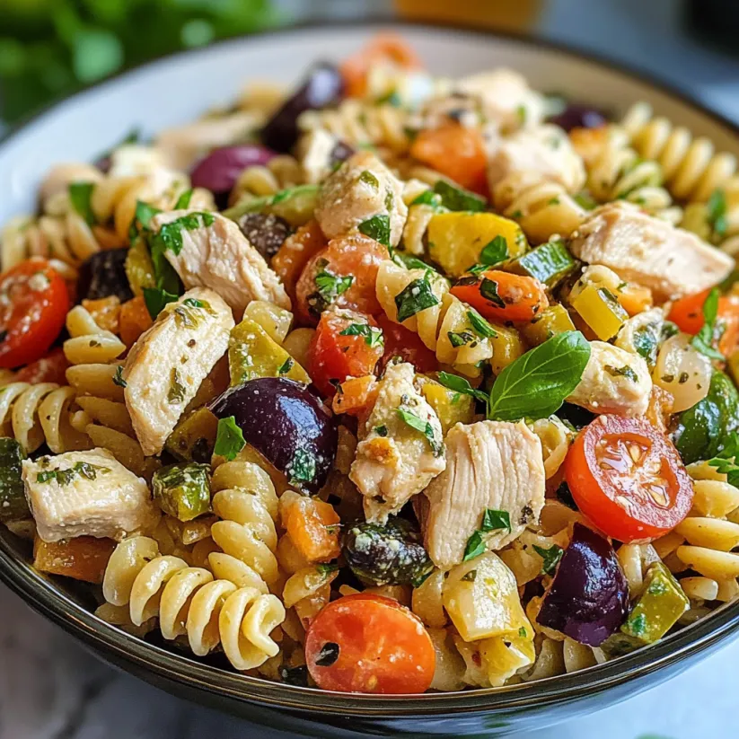 A bowl of pasta salad with chicken, tomatoes, and olives.