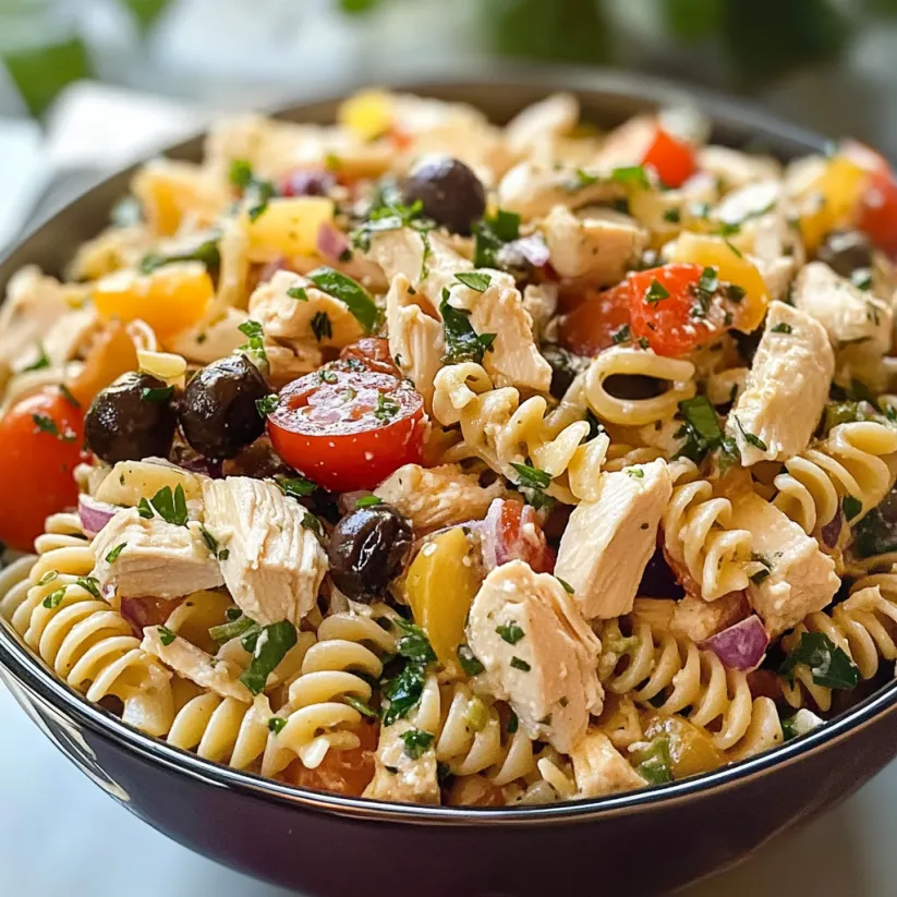 A bowl of pasta salad with chicken and vegetables.