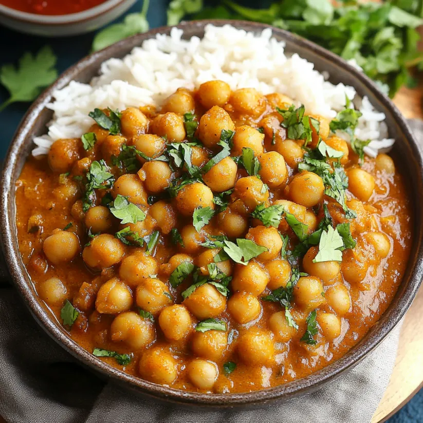A bowl of chickpea curry with rice.