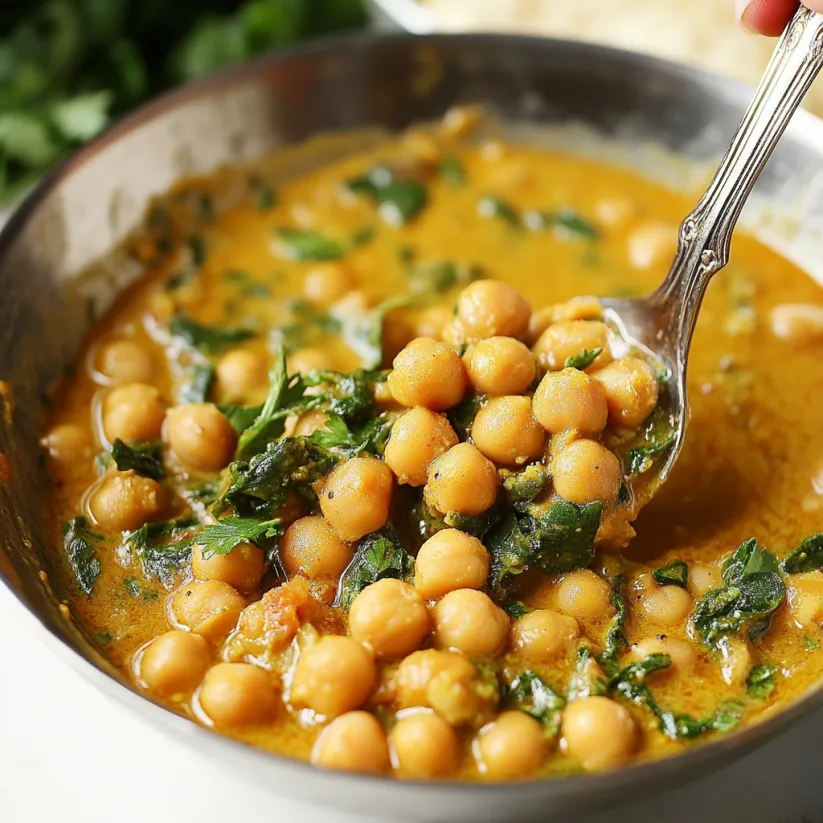 A spoon is in a bowl of chickpeas.