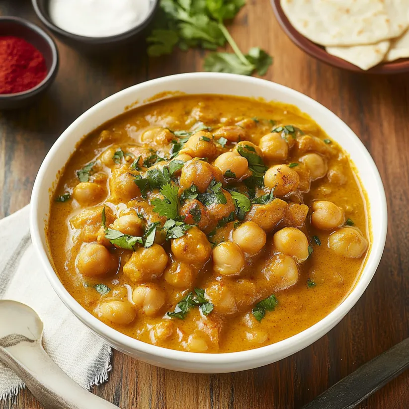 A bowl of chickpea curry with a spoon in it.