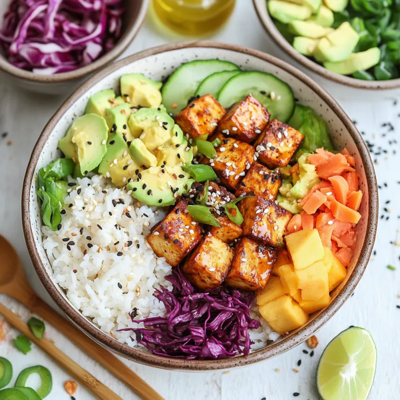 A vegan tofu poke bowl with a variety of vegetables and tofu.