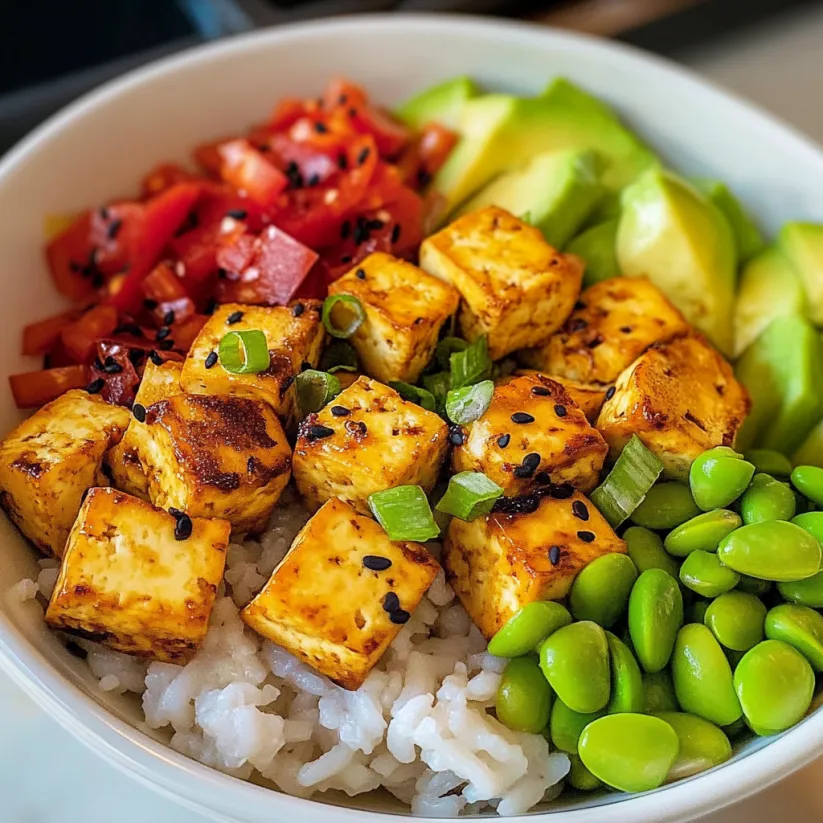 A vegan tofu poke bowl with rice, tomatoes, avocado, and black sesame seeds.