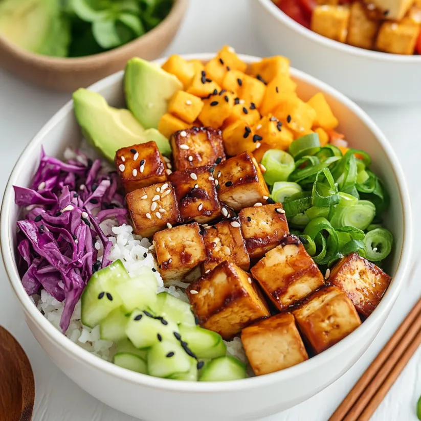 A vegan tofu poke bowl with various vegetables.