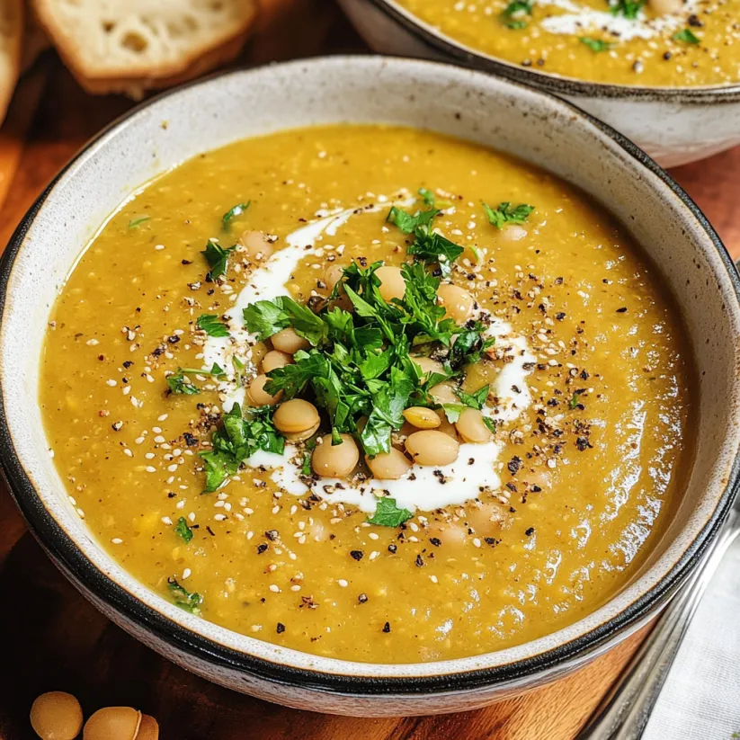 A bowl of soup with a spoon in it.