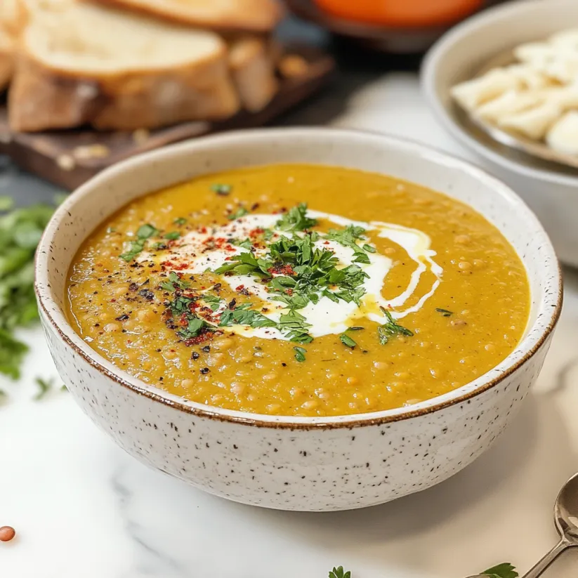 A bowl of Middle Eastern lentil soup.