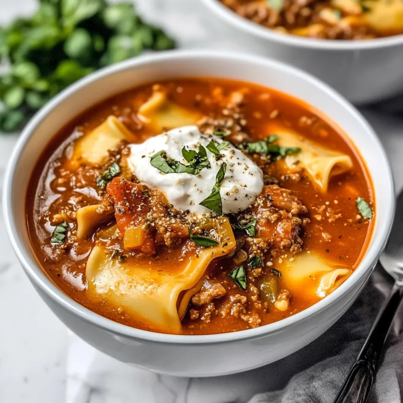 A bowl of slow cooker lasagna soup.