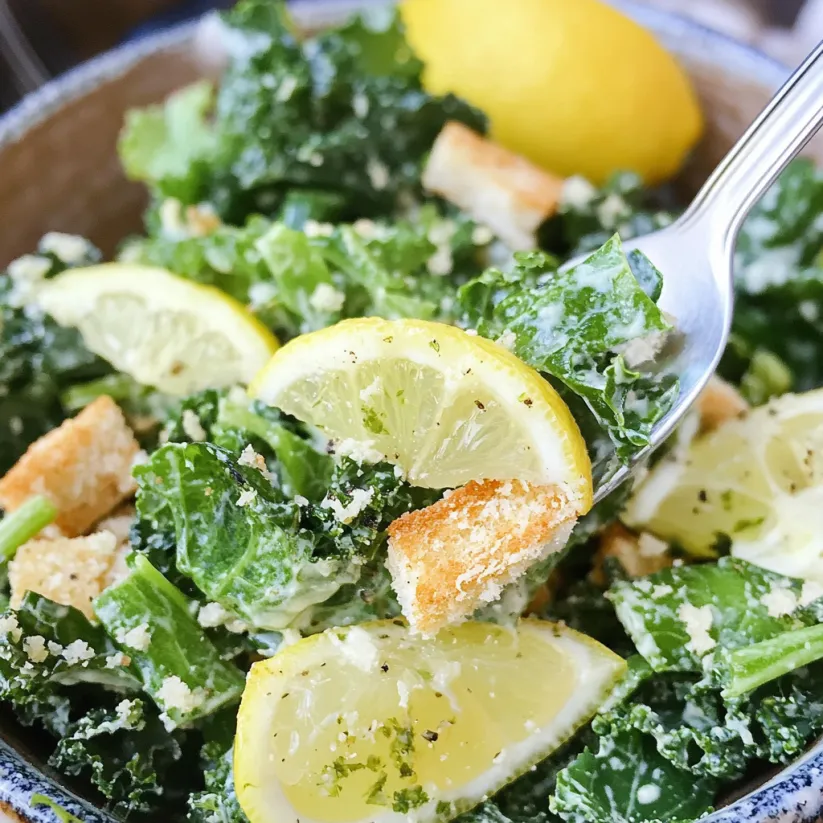 A bowl of lemon kale caesar salad.