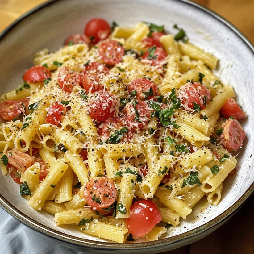 A bowl of pasta with tomatoes and basil.