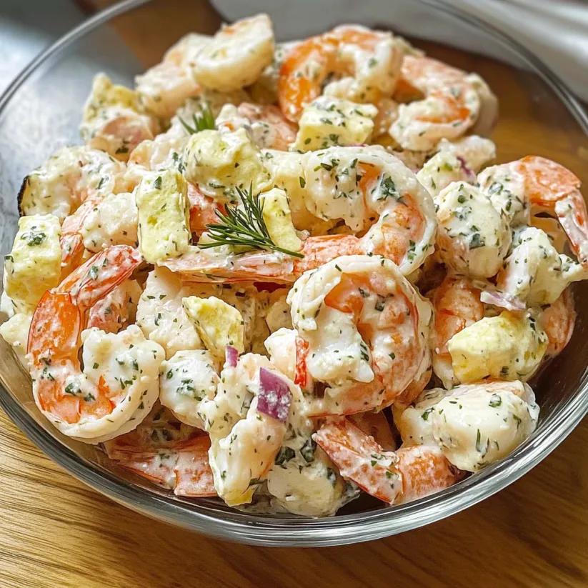 A bowl of shrimp salad.