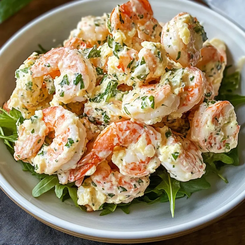 A bowl of shrimp salad with greens.
