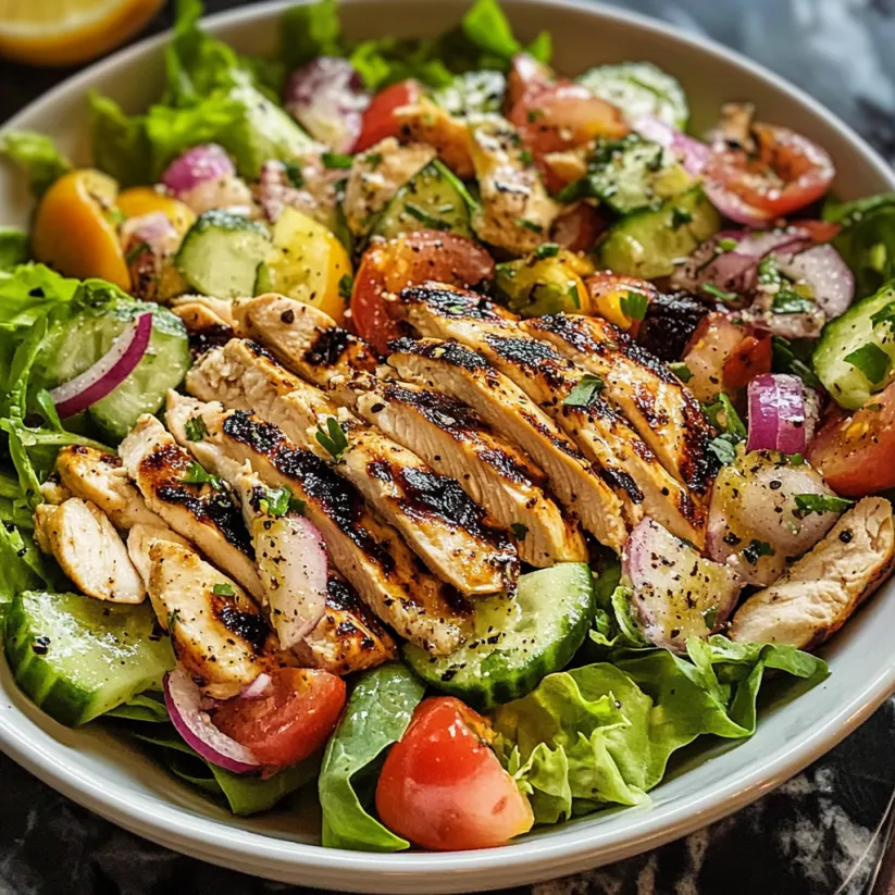 A bowl of grilled chicken salad with tomatoes, cucumbers, and lettuce.