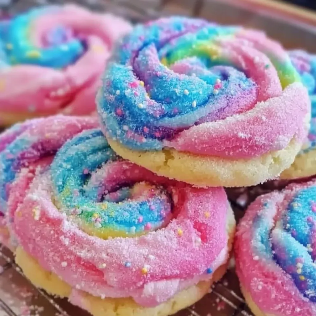 Rainbow colored cookies on a tray.