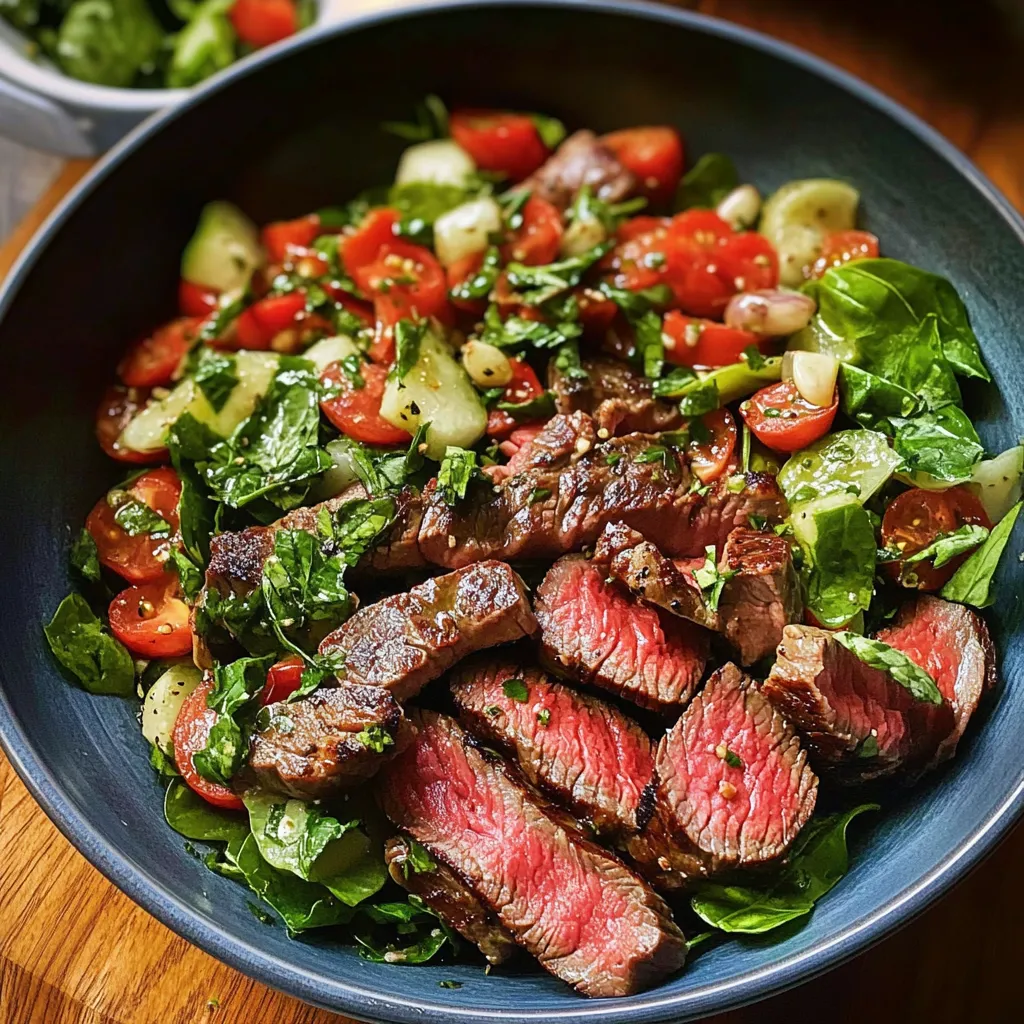 A bowl of steak salad with tomatoes, onions, and herbs.