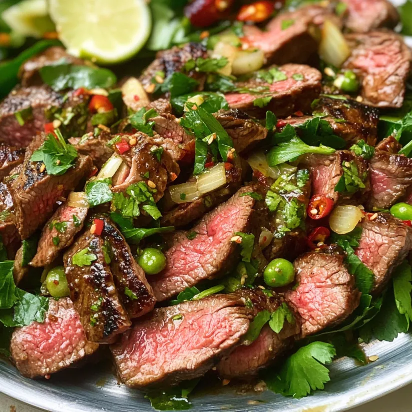 A plate of steak with peppers and herbs.