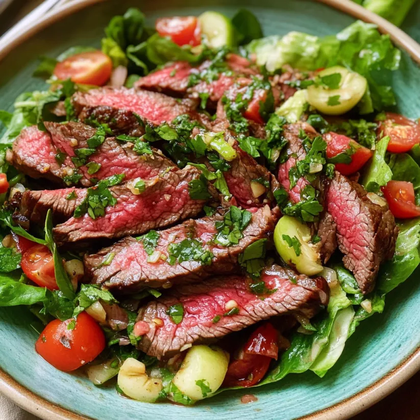 A bowl of steak salad with tomatoes, lettuce, and herbs.