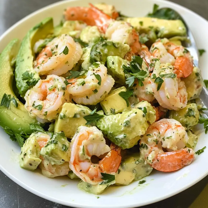 A white plate with a salad of shrimp and avocado.