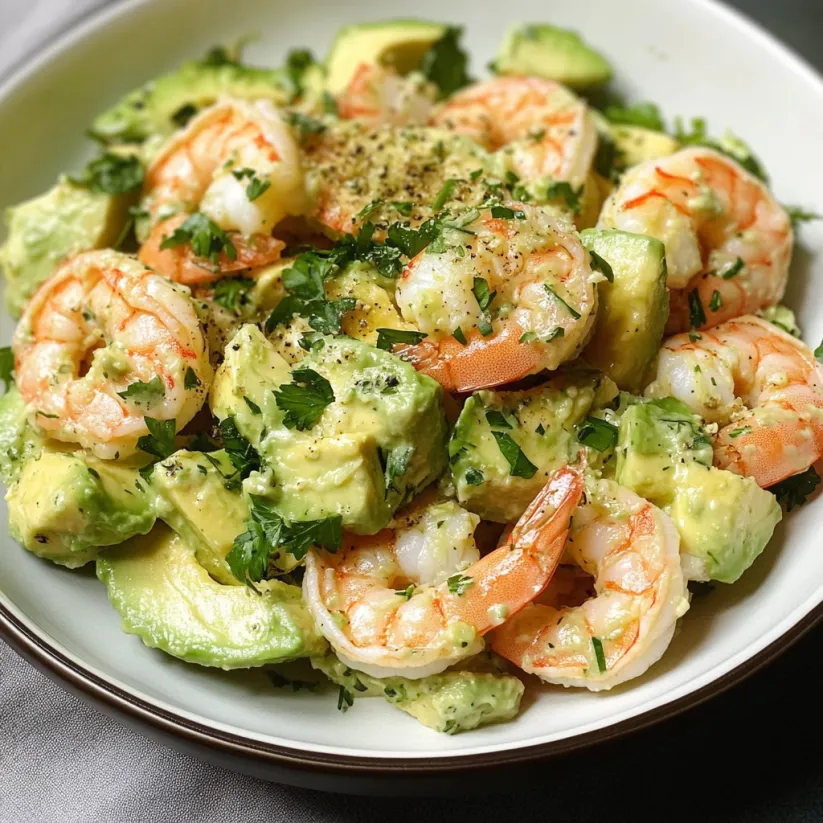 A plate of shrimp and avocado salad.