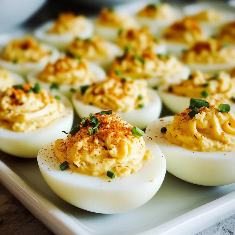A plate of deviled eggs with a spoon in them.