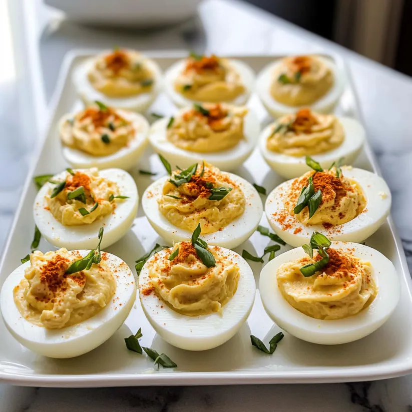 A plate of deviled eggs with a spoon.
