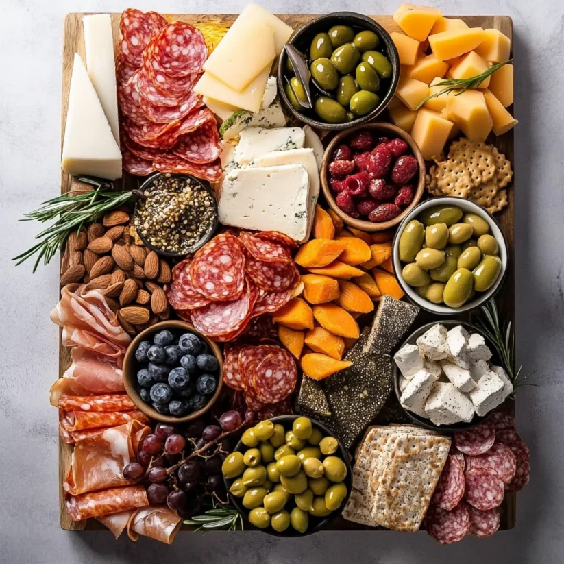 A charcuterie board with a variety of meats and cheeses.
