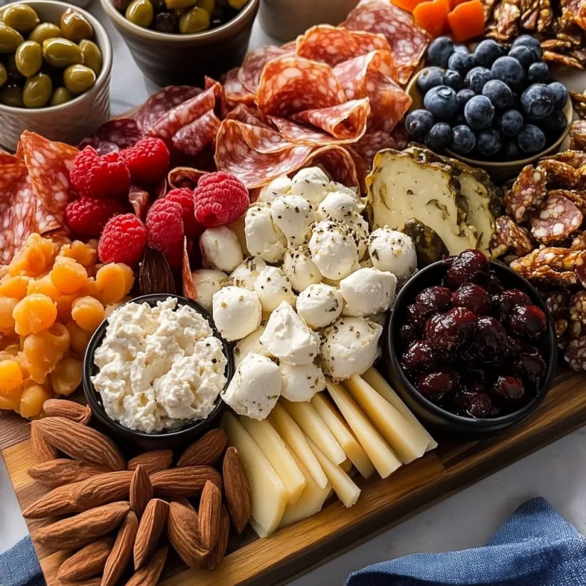 A charcuterie board with various food items.