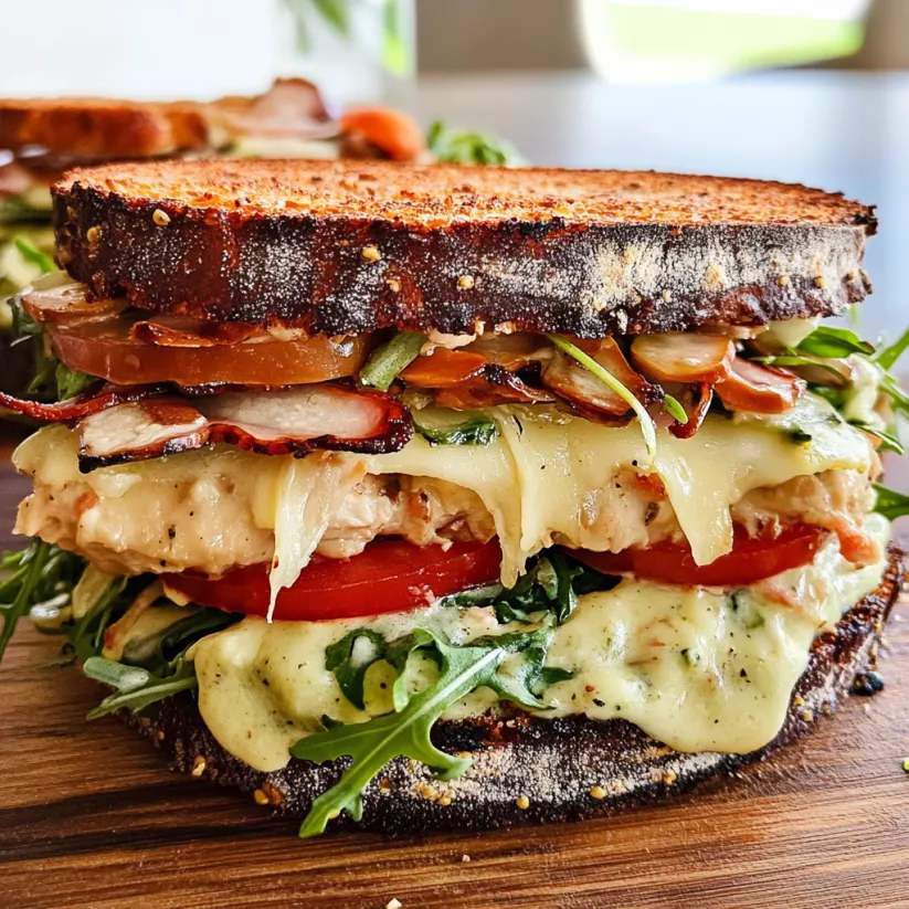 A sandwich with lettuce, tomato, and bacon.