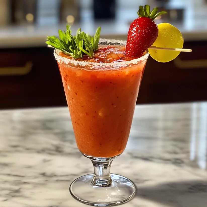 A Bloody Maria Recipe with a strawberry garnish.