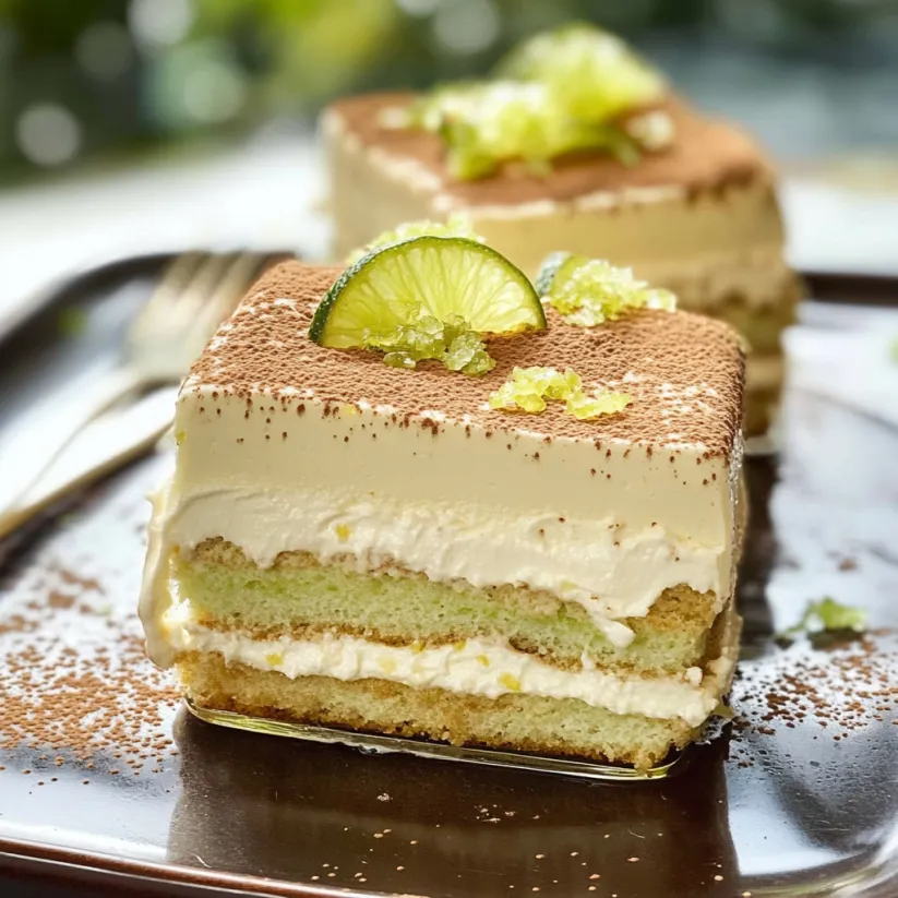 A slice of key lime tiramisu cake.