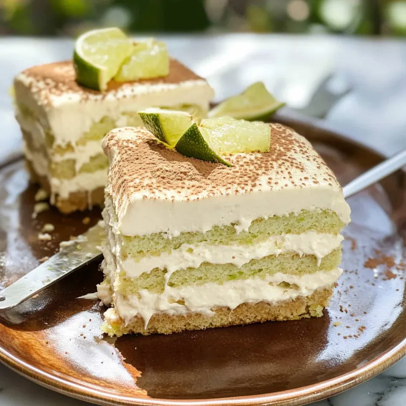 A slice of key lime tiramisu on a plate.