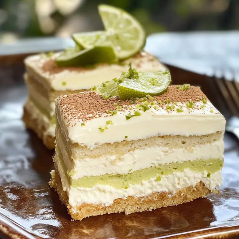 A slice of key lime tiramisu on a plate.