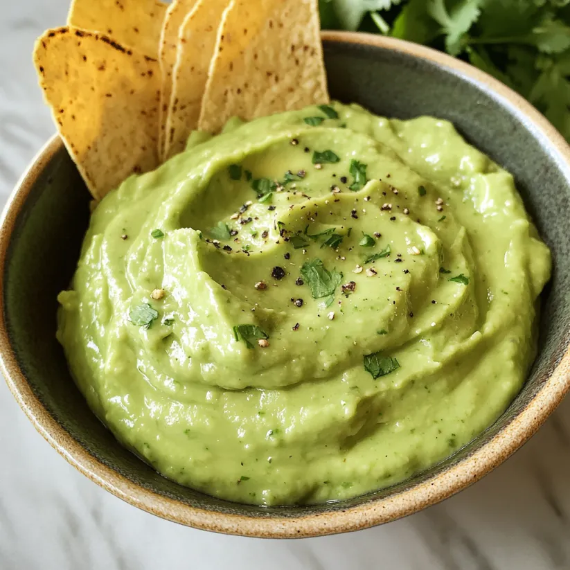 A bowl of avocado sauce with a tortilla chip on top.