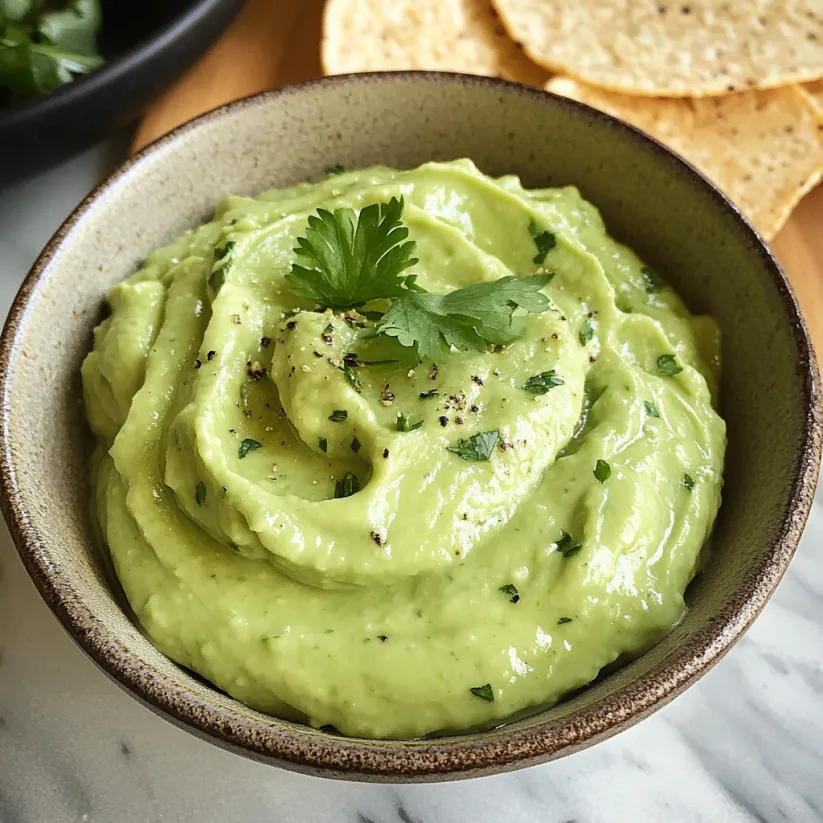A bowl of avocado sauce with a spoon in it.