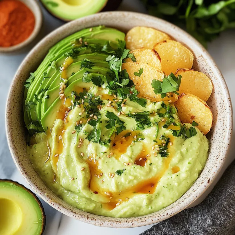 A bowl of avocado sauce with a spoon in it.