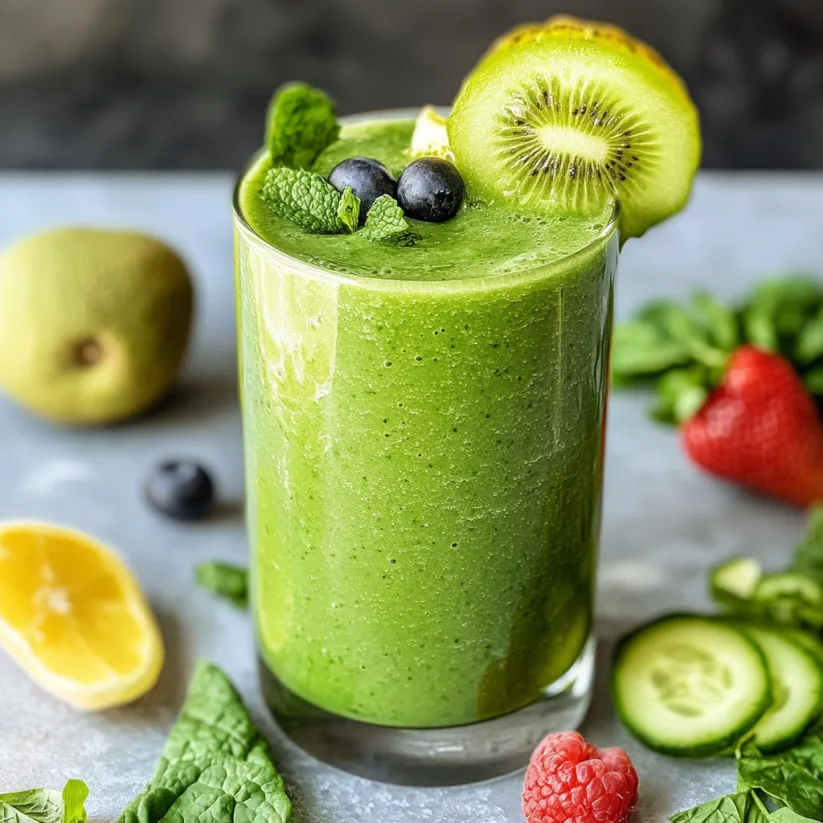 A green smoothie with kiwi, strawberries, and blueberries.