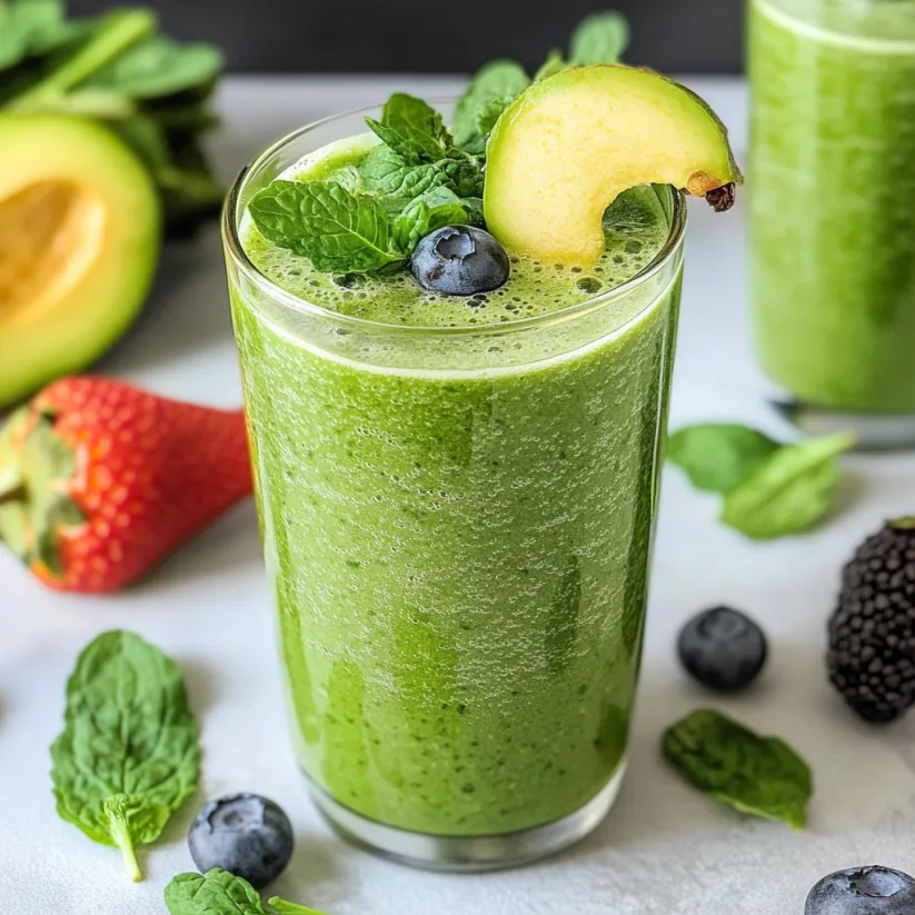 A glass of green smoothie with a slice of apple on top.