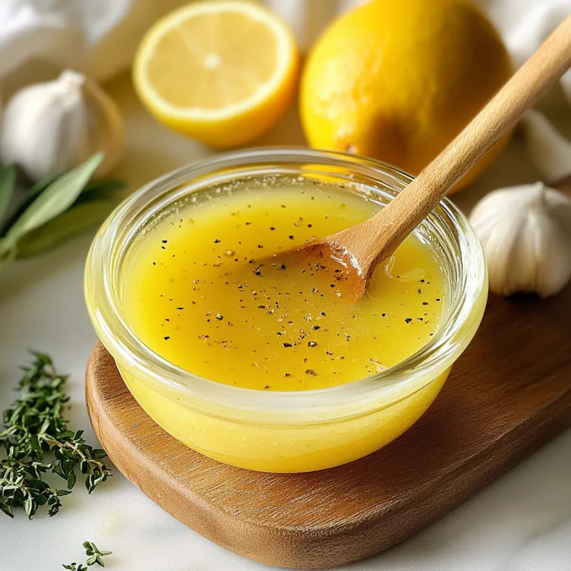 A bowl of lemon vinaigrette with a wooden spoon in it.