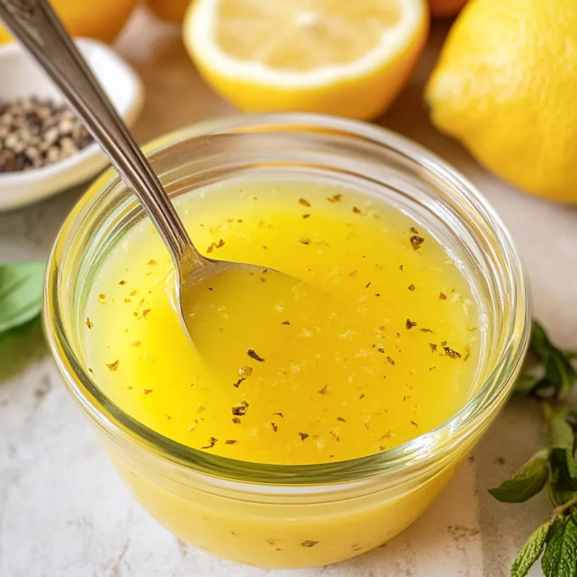 A glass bowl of lemon vinaigrette with a spoon in it.