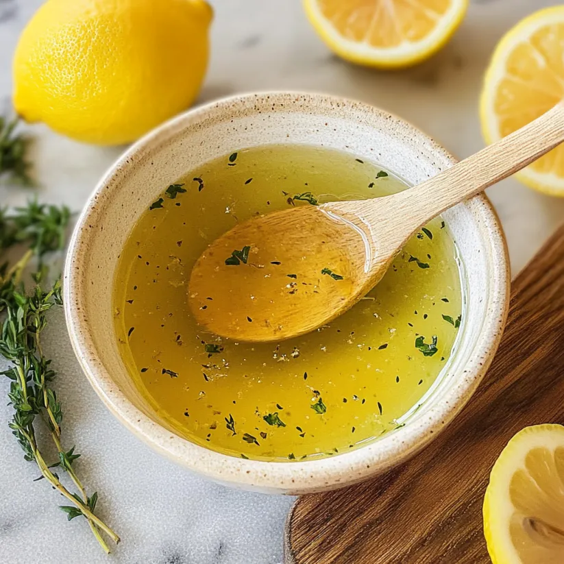 A wooden spoon in a bowl of lemon vinaigrette.
