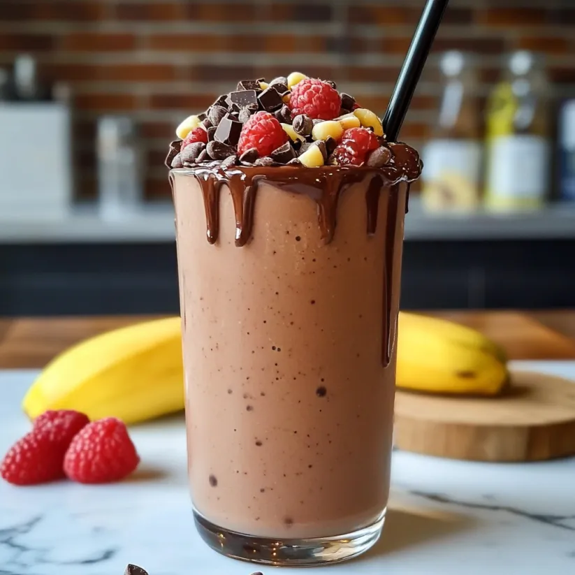 A chocolate smoothie with raspberries and chocolate chips.
