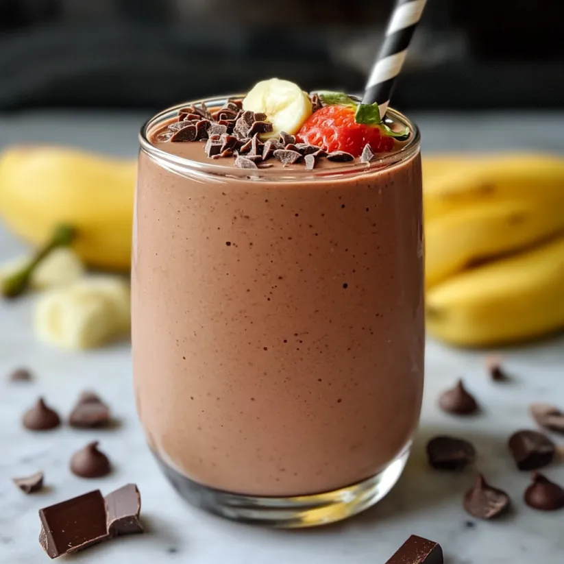 A glass of chocolate smoothie with a banana on the side.
