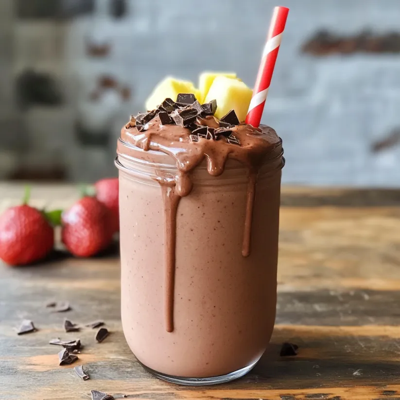 A glass of chocolate milk with a straw.