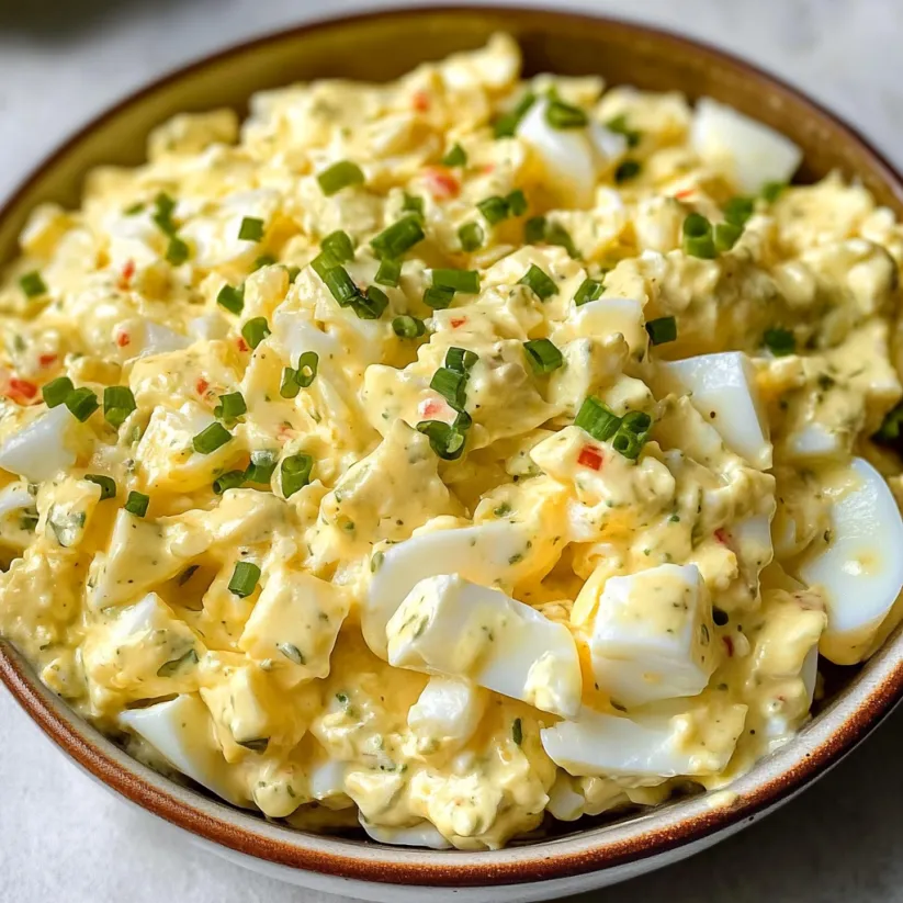 A bowl of egg salad with green onions.