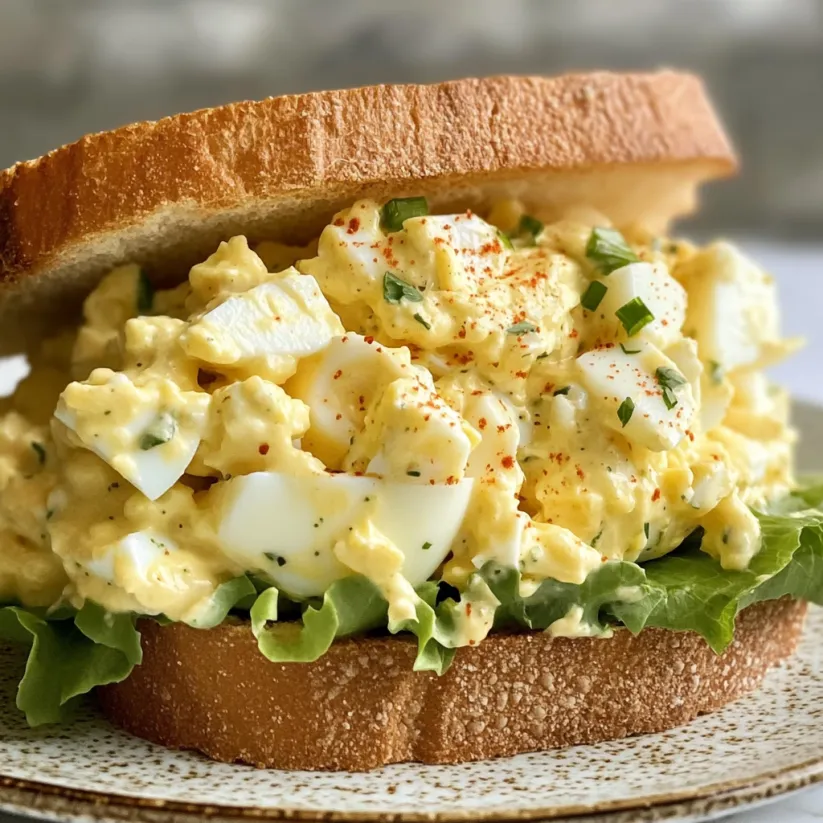 A sandwich with egg salad on a plate.