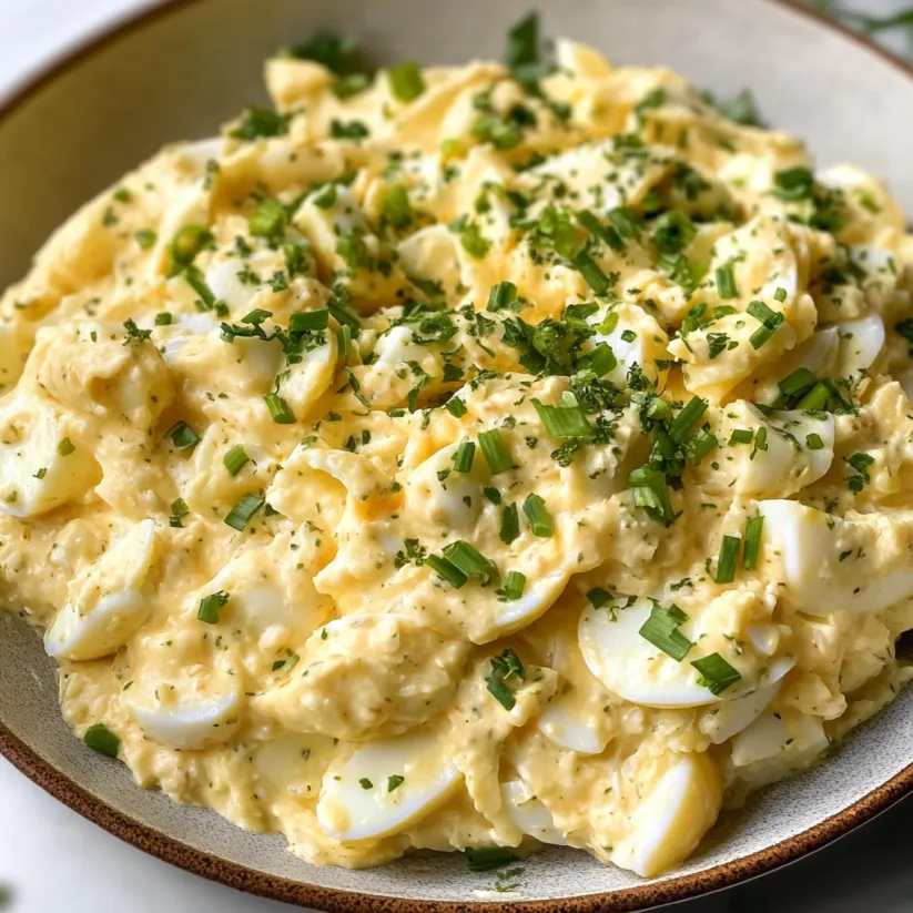 A bowl of egg salad with green onions.
