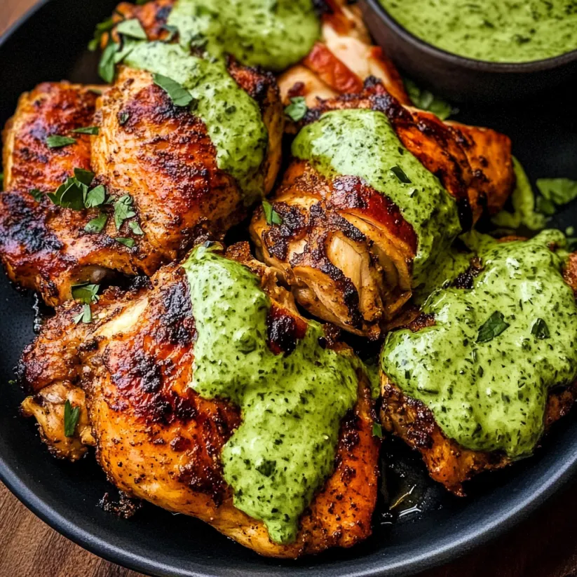 A plate of Peruvian chicken with green sauce.