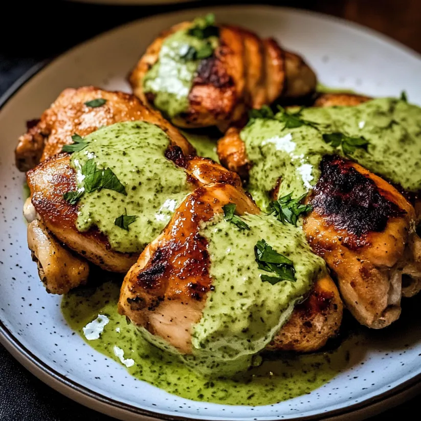 A plate of chicken with green sauce.