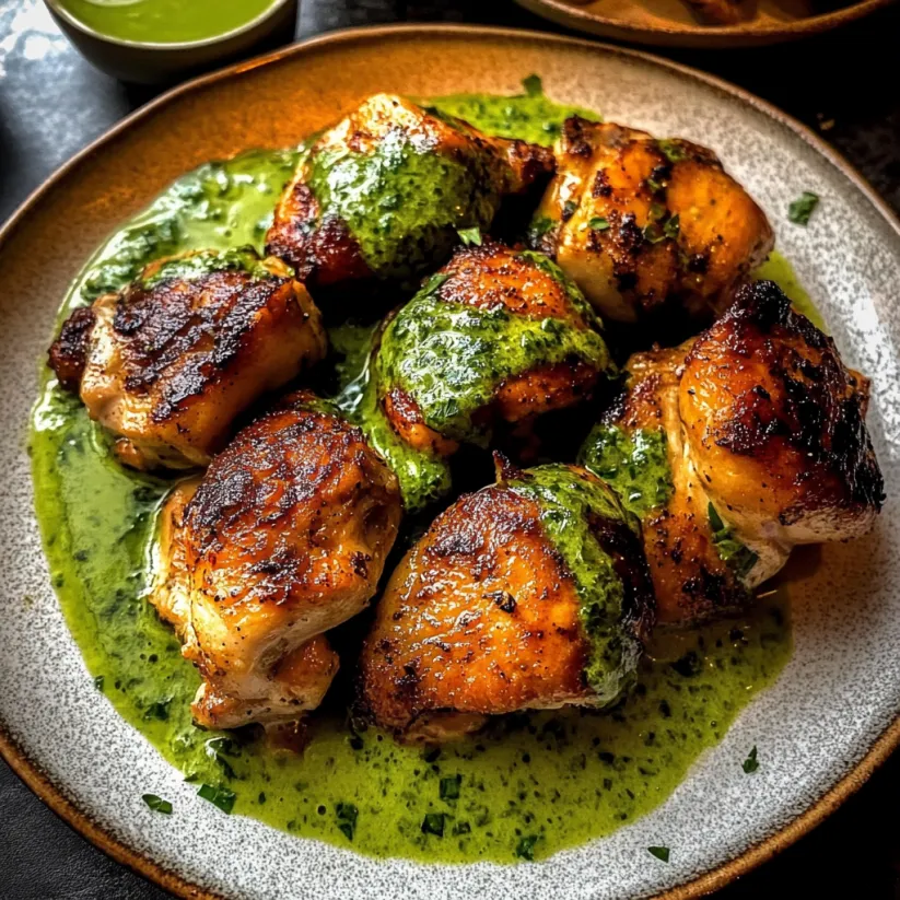 A plate of Peruvian chicken with green sauce.