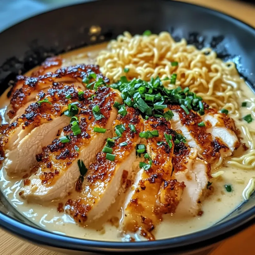 A bowl of chicken noodle soup with a creamy garlic sauce.