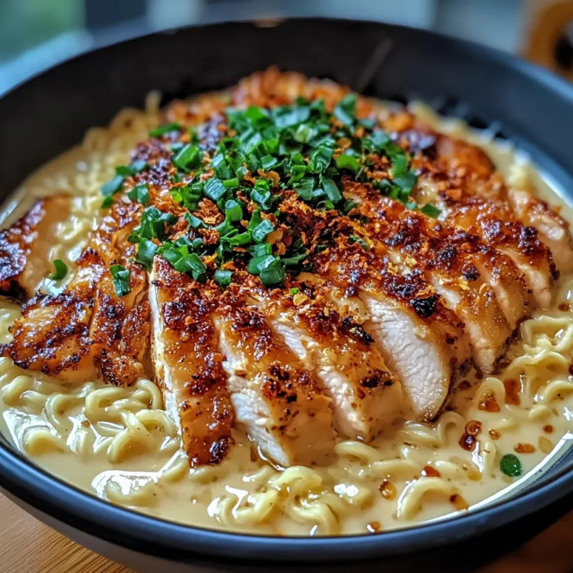 A bowl of noodles with chicken and vegetables.